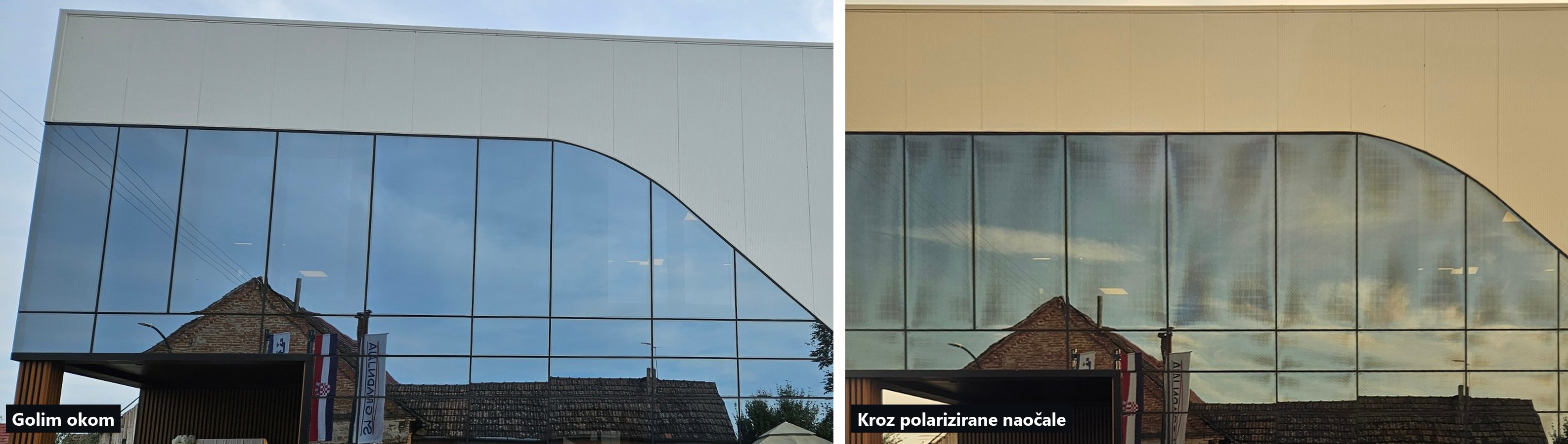 Isto pročelje: golim okom bez pjega, kroz polarizirane naočale vide se pravilni nizovi pjega na svakom staklu